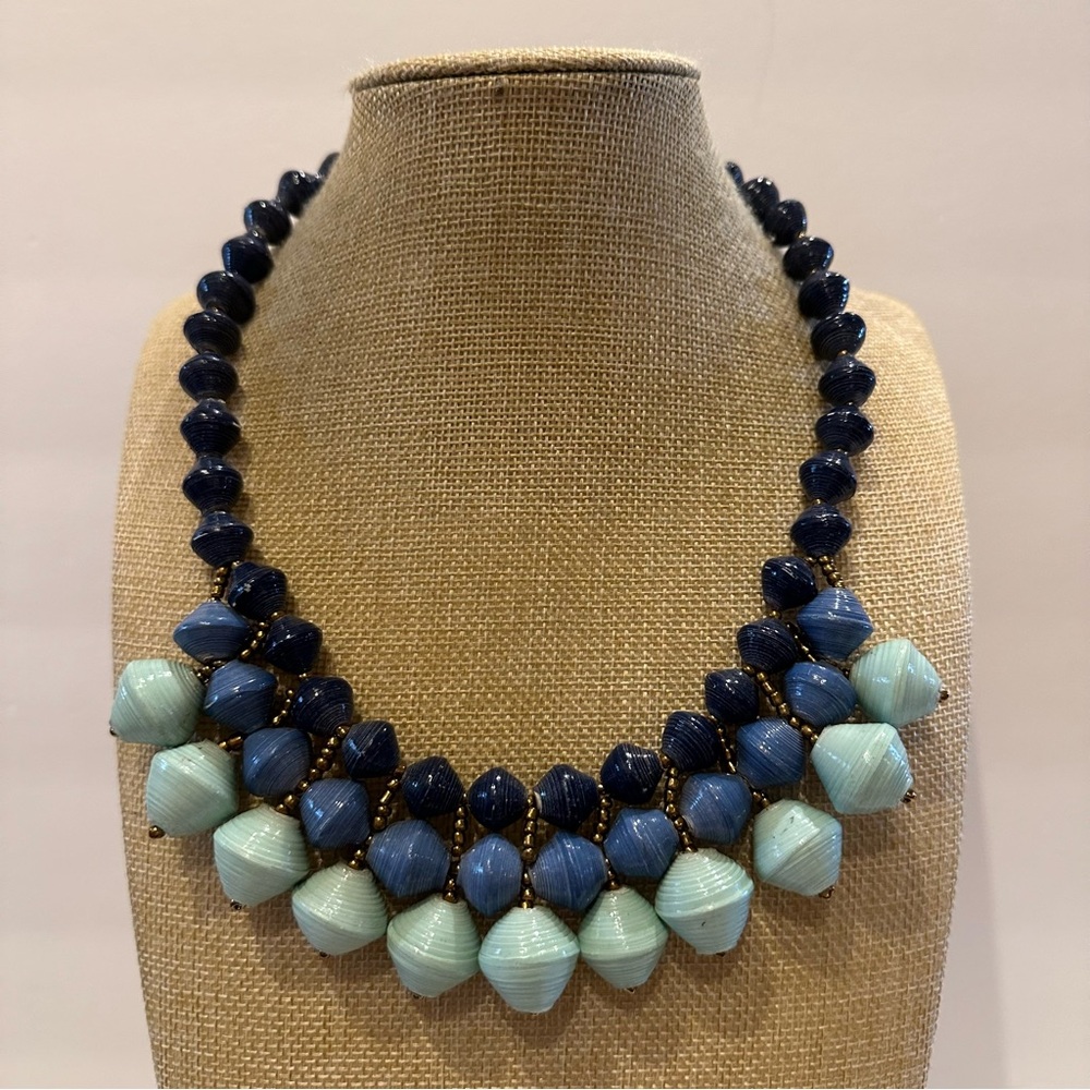 Teng Yue Paper Beads Necklace, chunky collar  w/ blue & aqua hand rolled beads